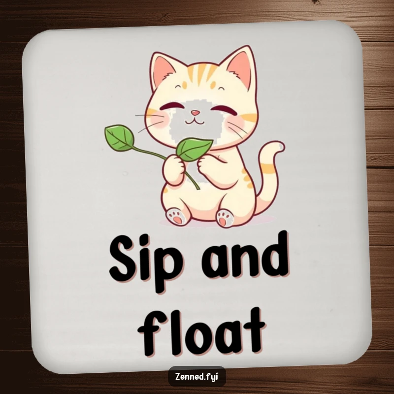 Funny kawaii cat drink coaster, featuring a cute illustration of a cat releasing a leaf, protecting surfaces with a funny and charming design.