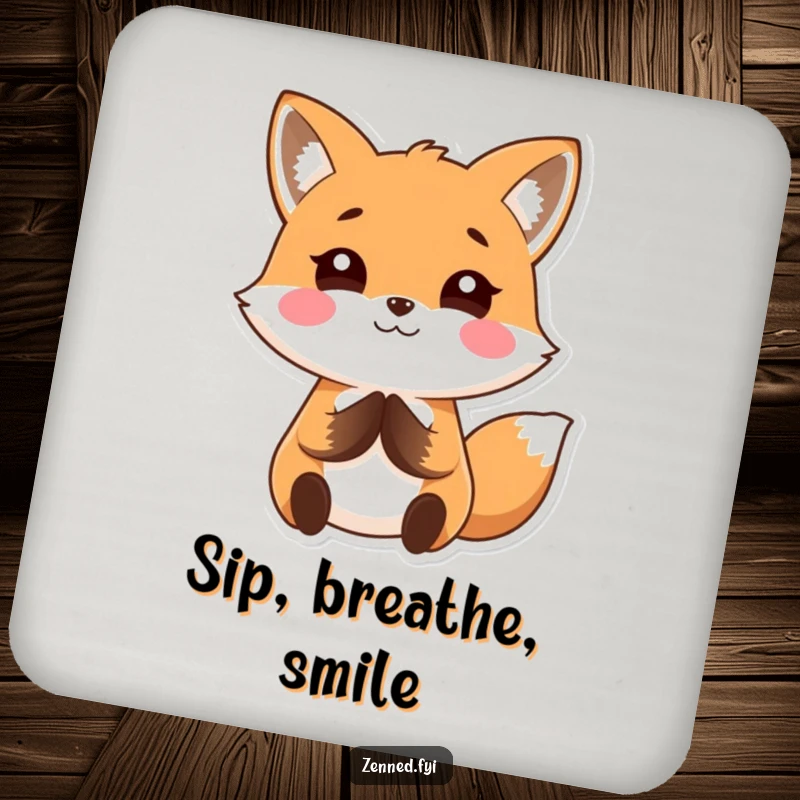 Funny Kawaii fox drink coaster with a calm, smiling character, protecting surfaces with humorous and peaceful design, ideal for gifting.