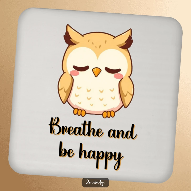 Funny Kawaii Owl Drink Coaster: A coaster featuring a curious owl with a gentle smile, breathing deeply, adding calm humor to your drinks.