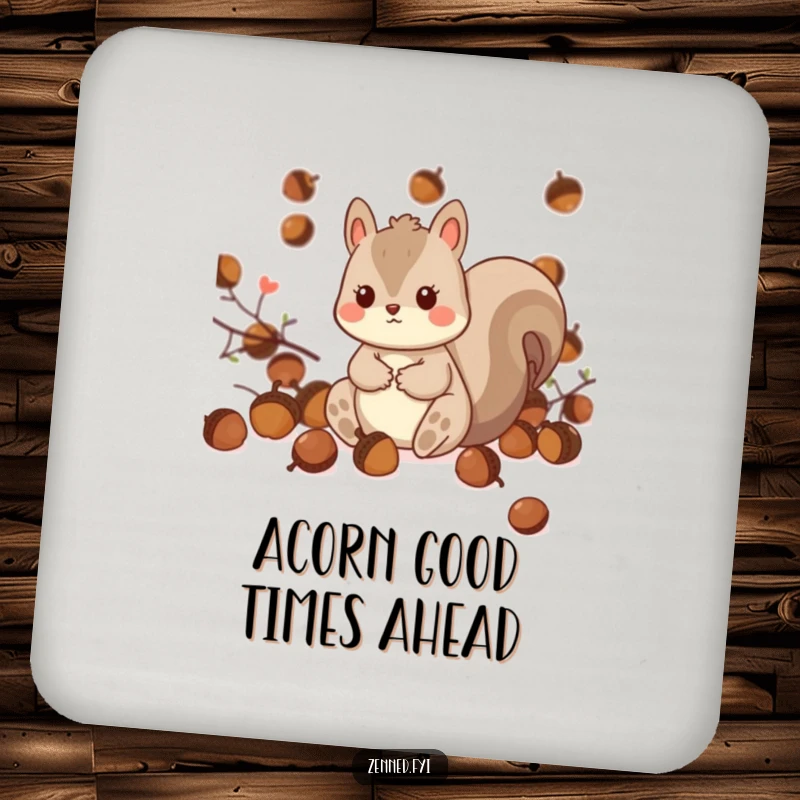 Funny Kawaii Squirrel Drink Coaster: A charming coaster featuring a playful squirrel amidst acorns, perfect for adding a touch of whimsy to drinks.