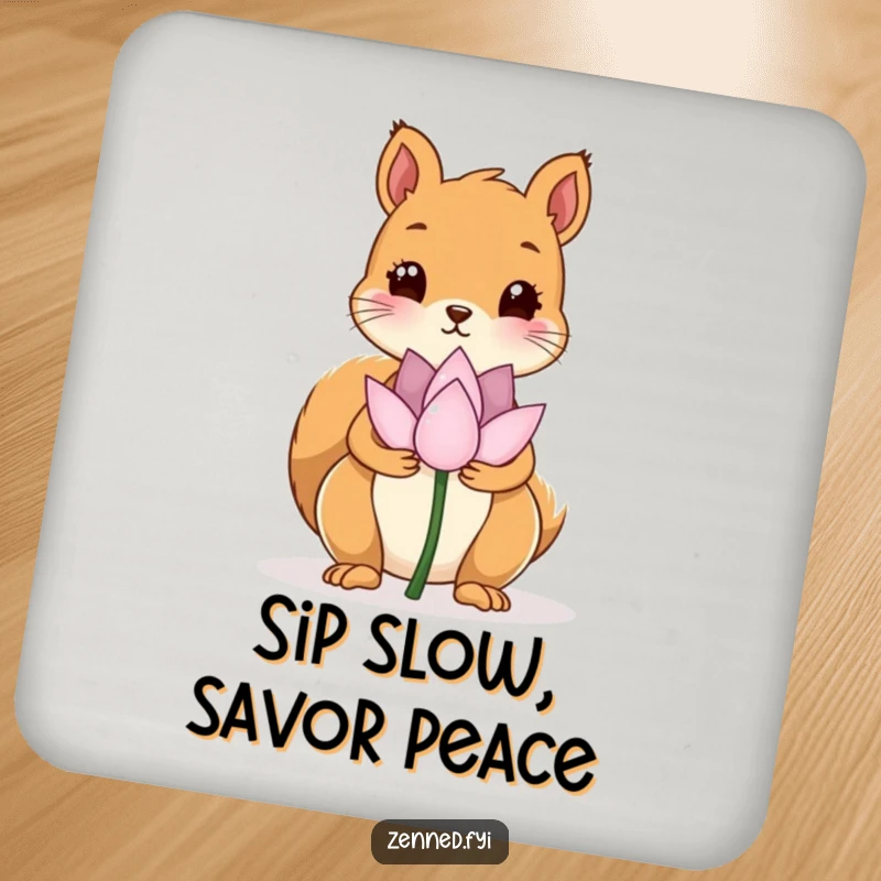 Funny drink coaster with a kawaii squirrel holding a lotus flower, providing peaceful protection with humorous appeal.