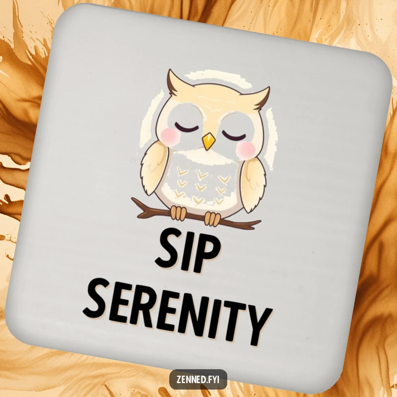 Funny drink coaster featuring a peaceful owl in a gentle aura, adding a touch of serenity and humor.