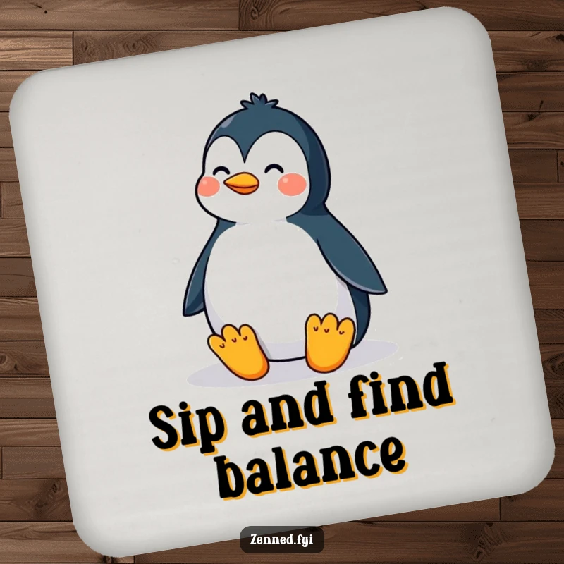 Funny drink coasters featuring a proud penguin in a perfectly balanced meditative posture, adding a touch of humor and calm to beverage service.