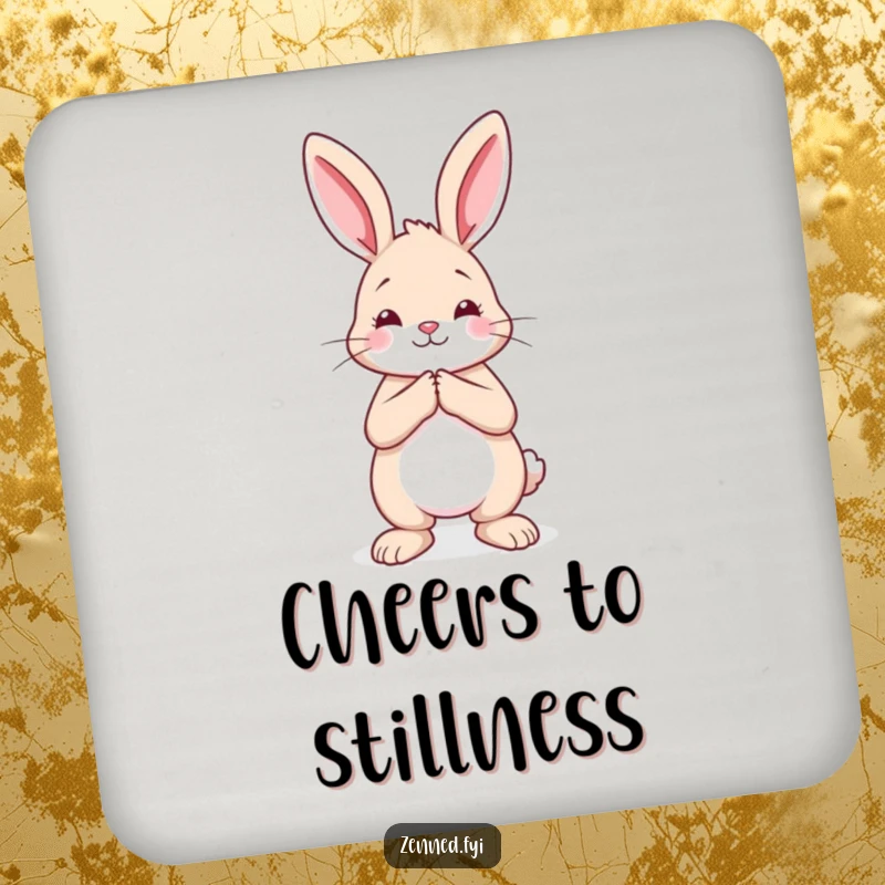 Funny rabbit coaster displaying a calm animal with hands pressed together, protecting surfaces with peaceful humor.