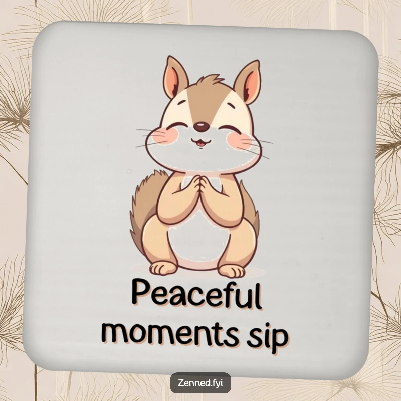 Funny Coaster: A peaceful squirrel with hands clasped, looking upwards, offering a humorous, zen touch to protect surfaces.