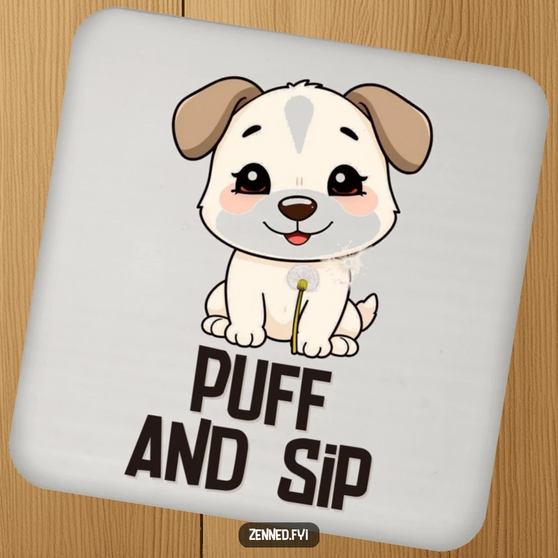 Funny Drink Coaster: A smiling dog blowing on a dandelion puff, protecting surfaces with whimsical charm and happy wishes.