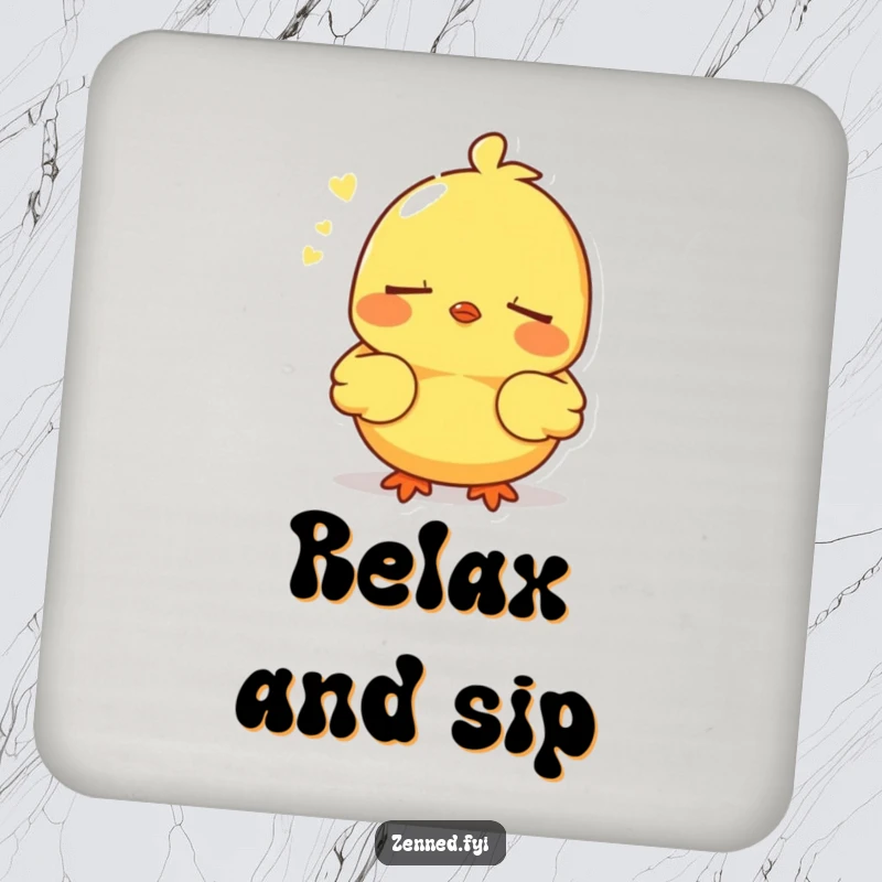 Funny drink coaster featuring a serene yellow chick breathing deeply, protective and humorous, great funny gift.