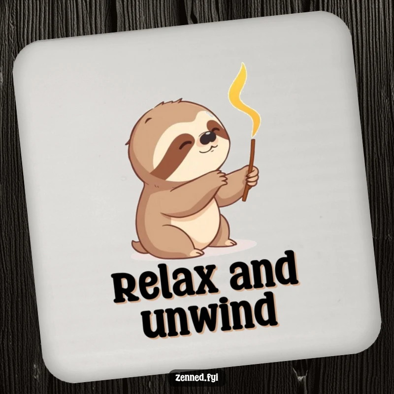 Funny sloth slowly reaching for a glowing incense stick on a drink coaster, adding slow humor and surface protection for a funny gift.