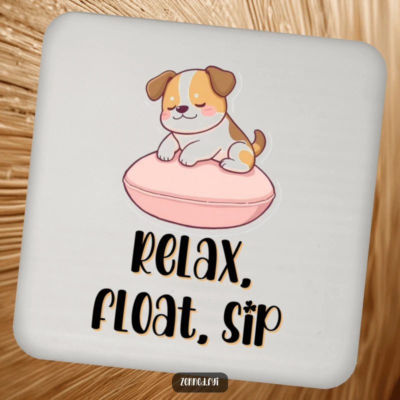 Funny dog cushion drink coaster showing a peaceful dog floating above a circular cushion, preventing drink rings.