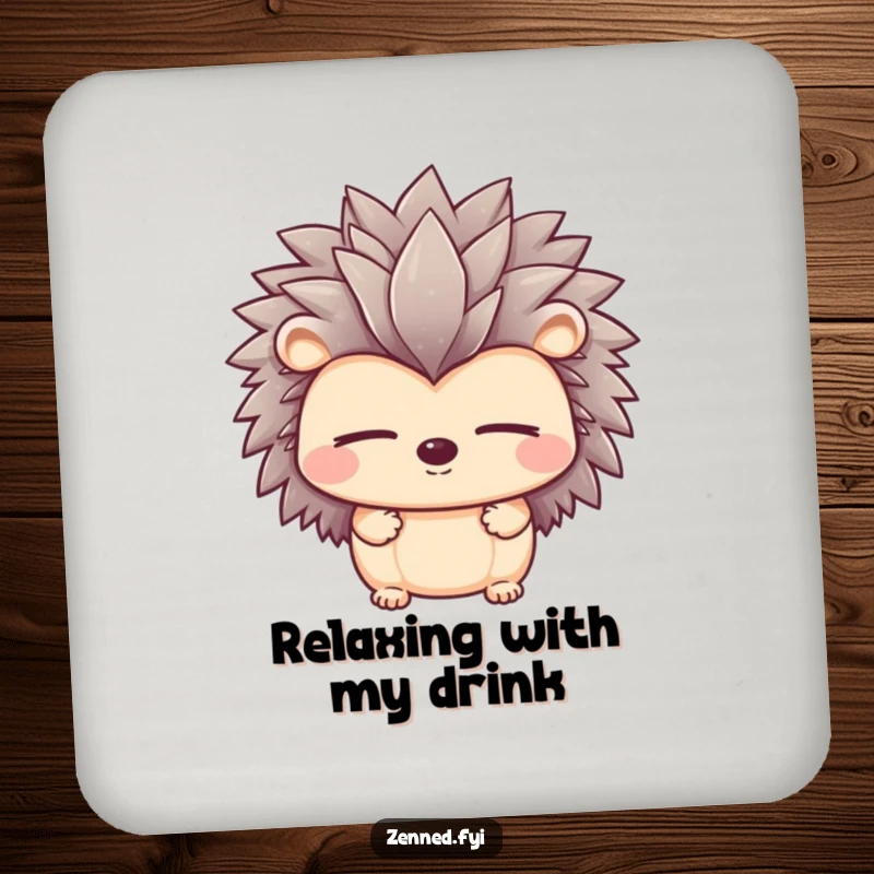 Funny drink coaster featuring a peaceful hedgehog with closed eyes, perfect for adding calm and gentle humor.