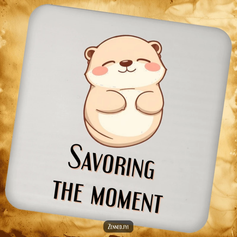 Funny otter coaster displaying a contented animal lying on its back with a peaceful smile, protecting surfaces joyfully.