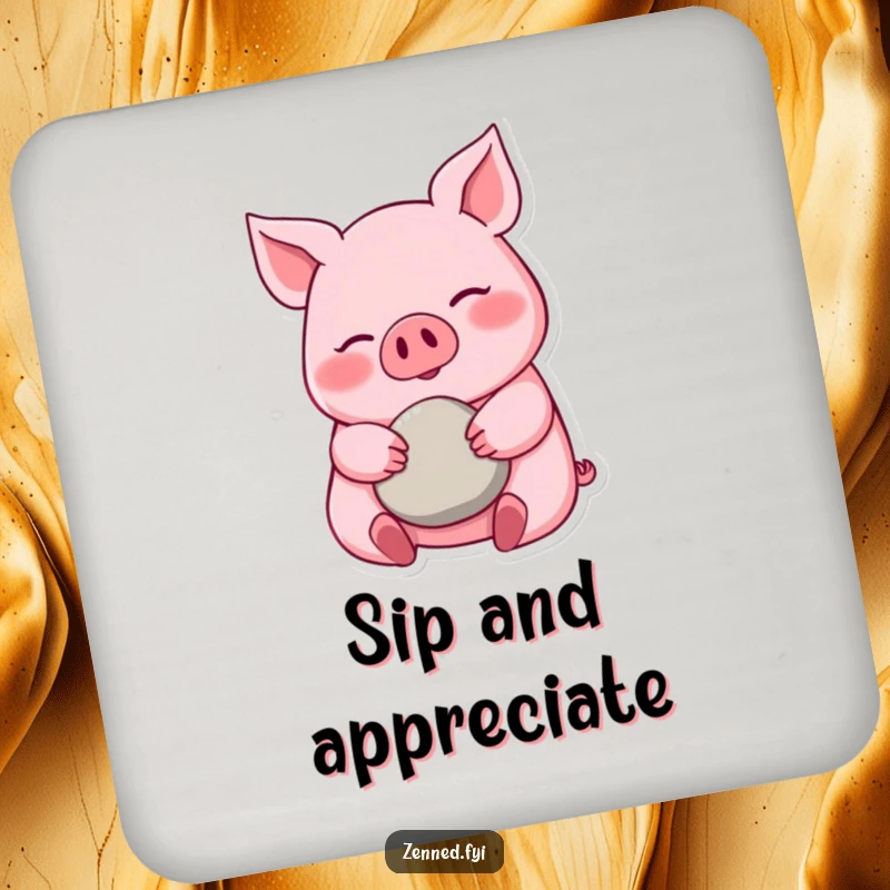 Funny pink pig coasters, calm design, cradling a pebble, protecting tables, a peaceful funny gift.