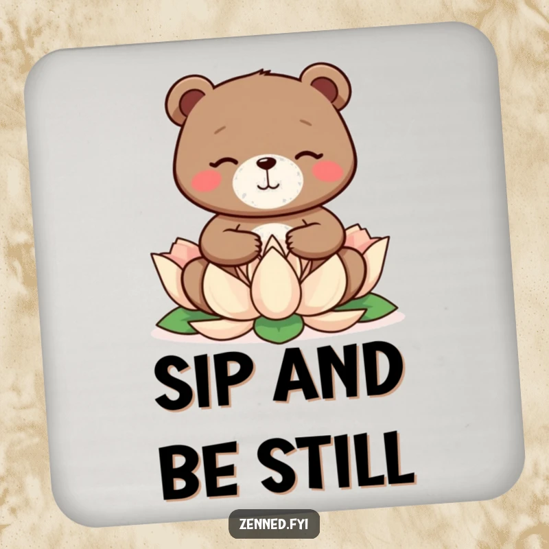 Funny meditating bear on a lotus flower, on a set of drink coasters, a humorous and peaceful funny gift.
