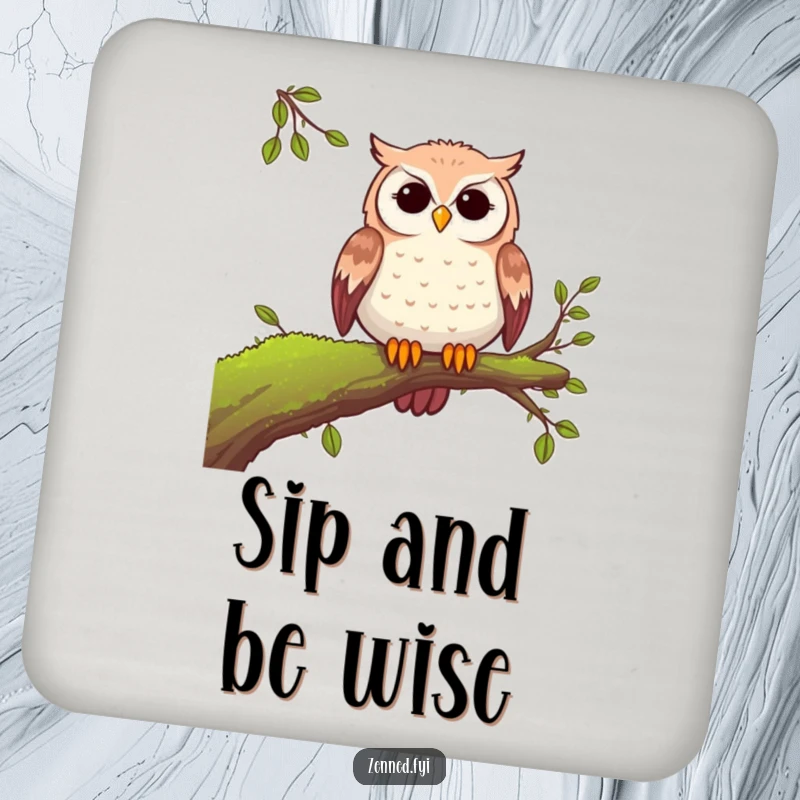 Funny peaceful owl coasters showcasing a serene owl on a mossy branch, protecting tables with a blend of nature and humor.