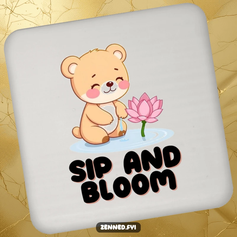 Funny Bear Cub Coasters: Set of coasters featuring a giggling cub watering a lotus, offering cute and whimsical surface protection.