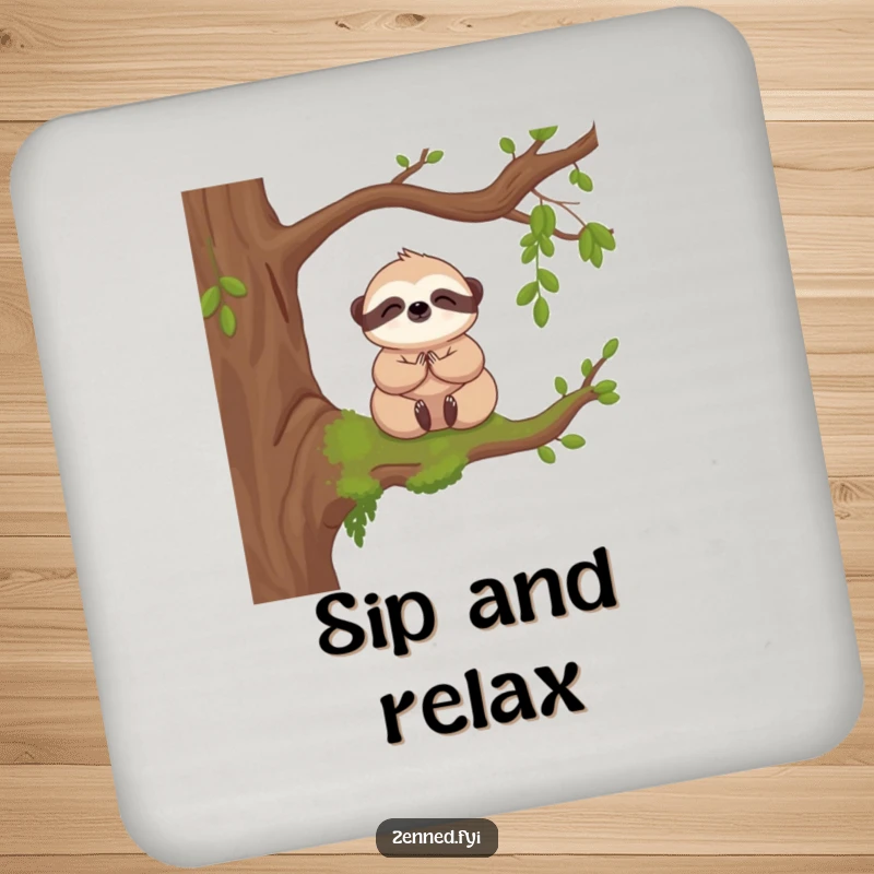 Funny drink coaster featuring a kawaii sloth meditating peacefully on a mossy branch, protecting surfaces with cute charm.