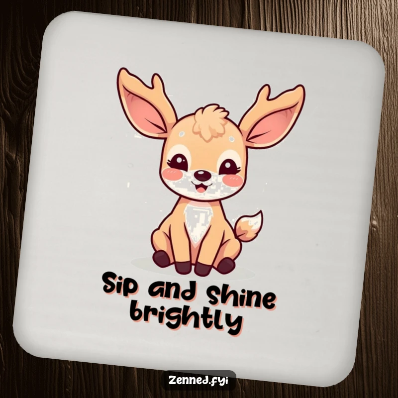 Funny Kawaii Deer Drink Coaster: A coaster featuring a joyful deer character surrounded by soft light rays, perfect for adding charm to drinks.