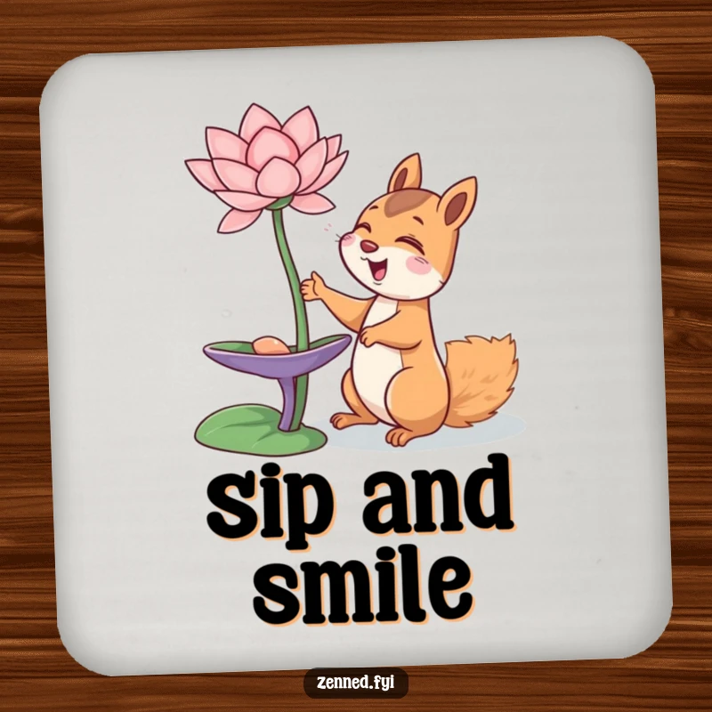 Funny giggling squirrel reaching for a floating lotus flower, on a drink coaster, full of joy, funny gift.