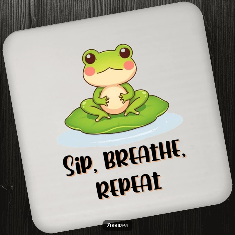 Funny Coaster showcasing a meditating frog character on a lily pad, offering hilarious zen protection for surfaces.