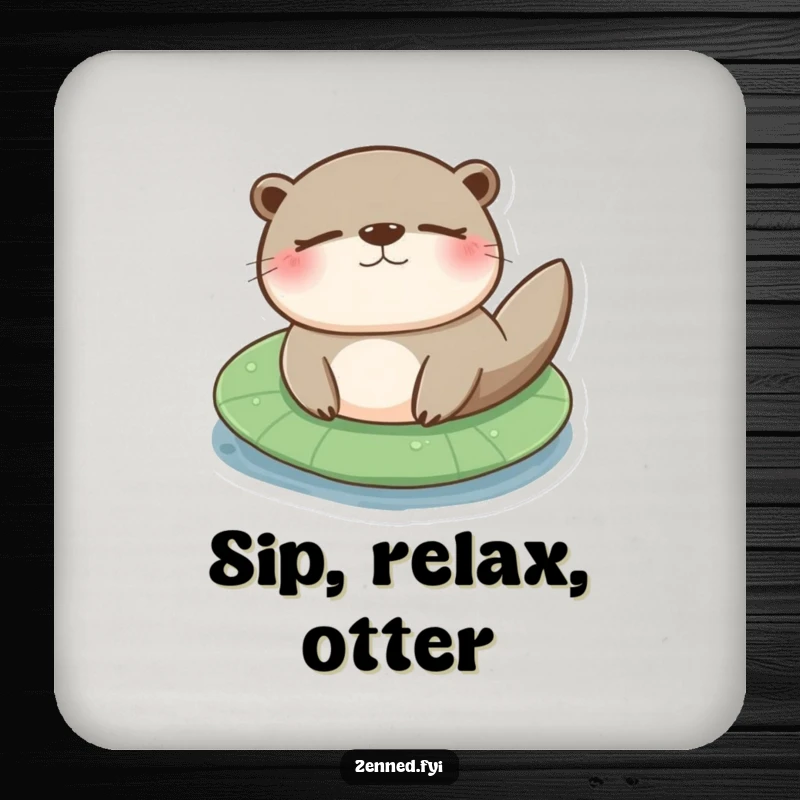 Funny otter lily pad drink coaster showing a content otter floating serenely on a lily pad, preventing drink rings.