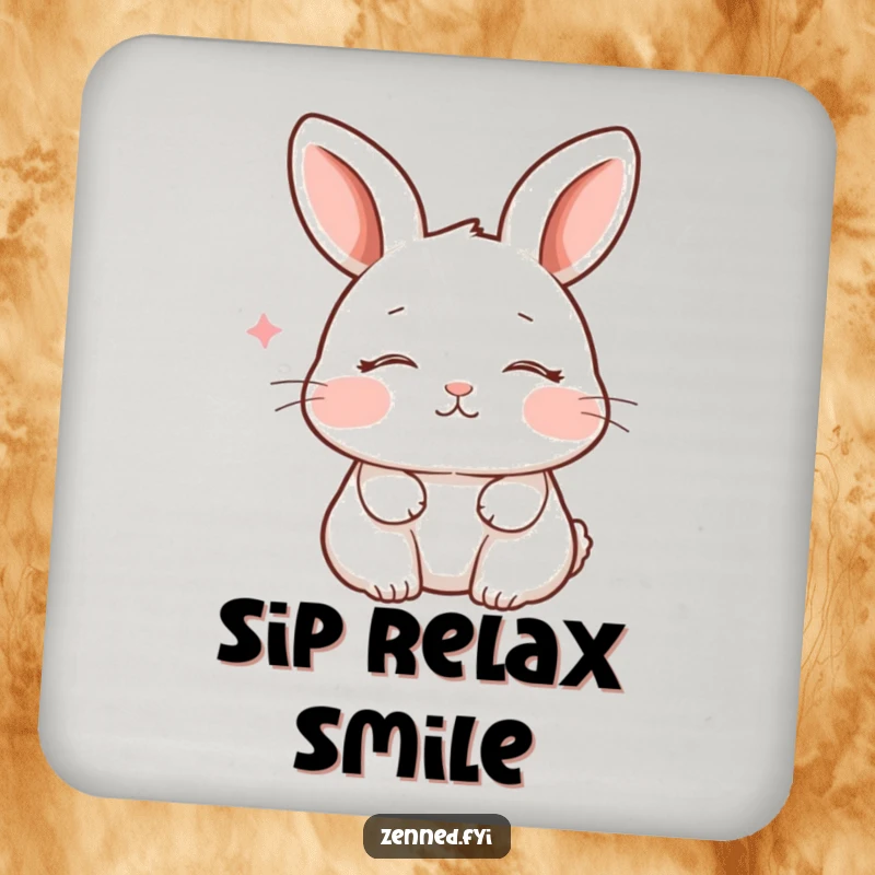 Funny coaster depicting a peaceful rabbit with closed eyes and a faint smile, breathing gently, adding zen humor and surface protection.