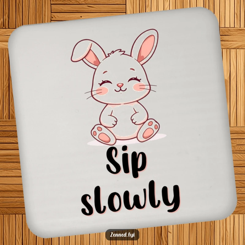 Funny Zen Bunny Drink Coasters featuring a meditating rabbit, adding humorous protection to tabletops.