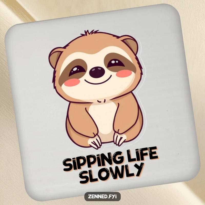 Funny drink coaster featuring a smiling sloth in a state of calm, perfect for adding peaceful humor to any setting.