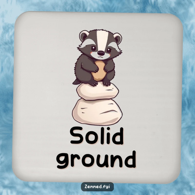 Funny badger balancing on smooth pebbles, on a drink coaster, symbolizing determination, funny gift.