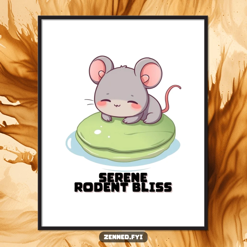 Funny grey mouse poster, gentle smile, floating on a lily pad, serene wall art, brings calm, a beautiful funny gift.