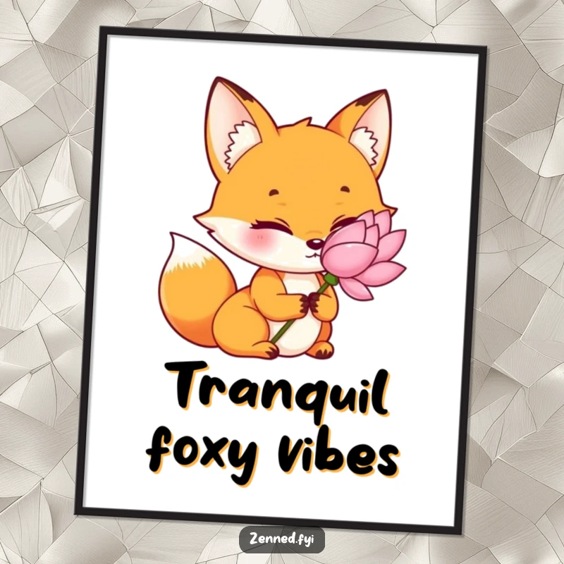 Funny orange fox poster, serene gaze, holding a delicate lotus flower, peaceful wall art, brings calm, a beautiful funny gift.