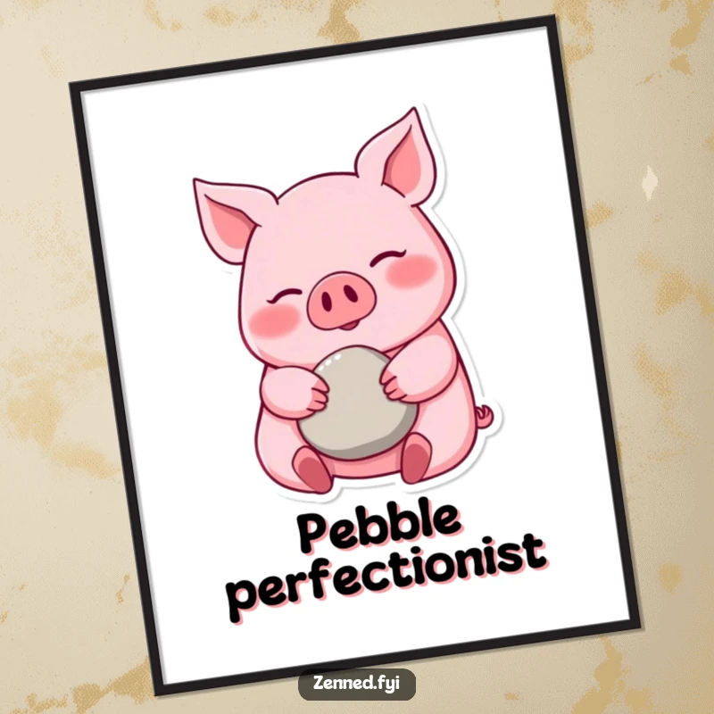 Funny pink pig poster, calm smile, holding a smooth pebble, serene wall art, brings calm, a beautiful funny gift.