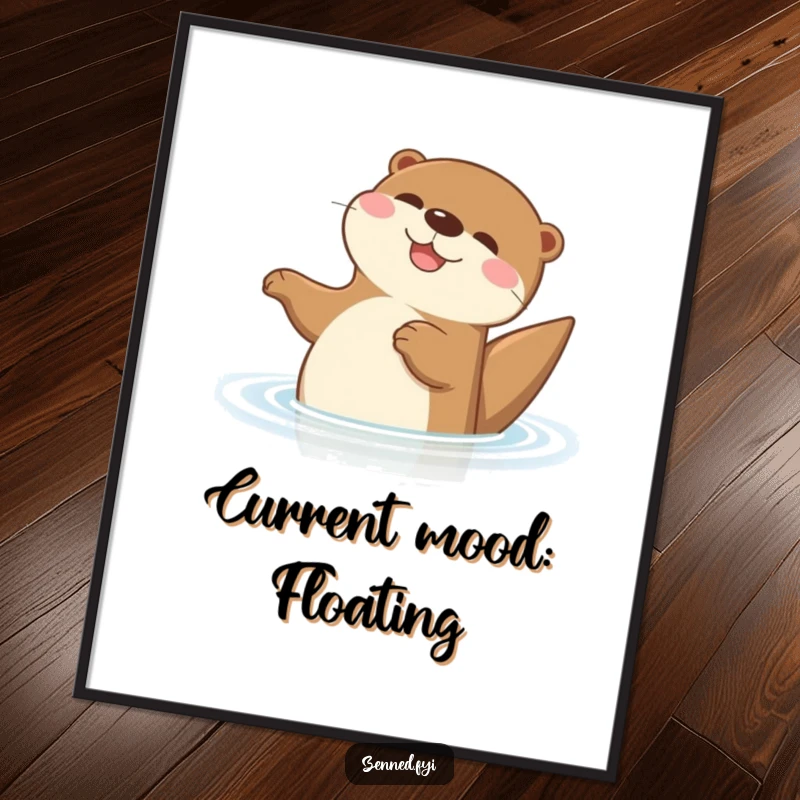 Funny Otter Poster print of a delighted cartoon otter floating on its back in calm water, a serene and humorous piece of wall art.