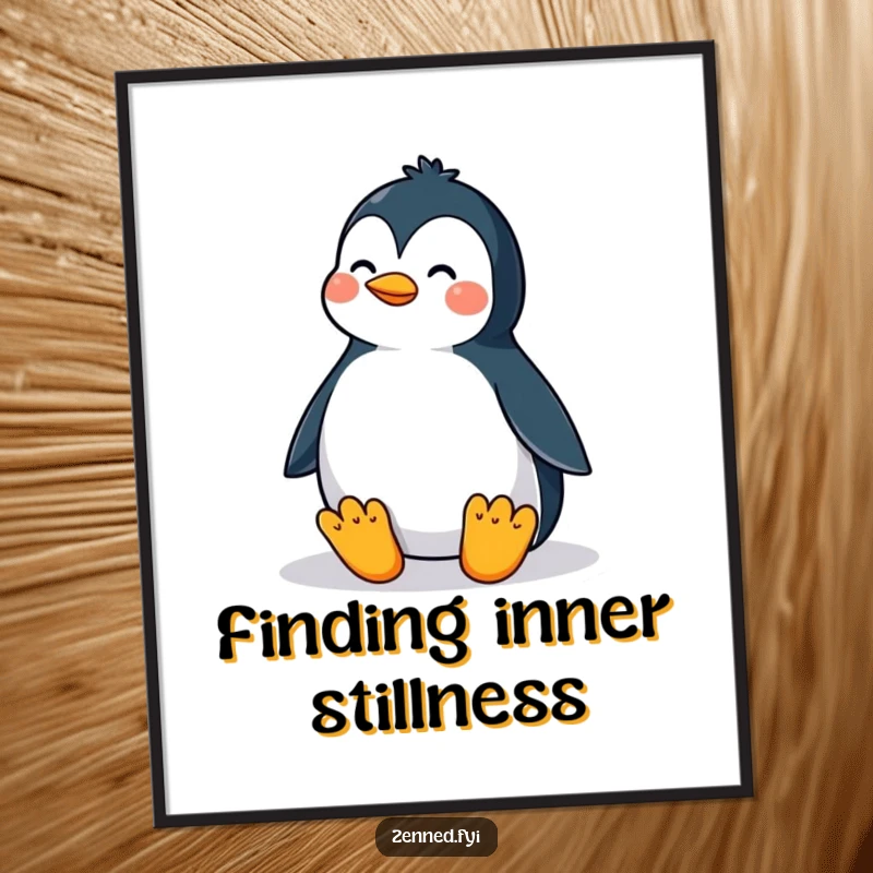 Funny poster of a proud penguin in a perfectly balanced meditative posture, depicting humorous inner peace and serene contentment.