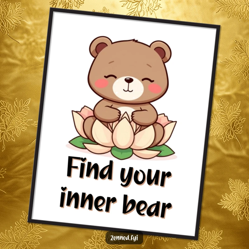 Funny bear meditates peacefully on a lotus flower, depicted on a poster, a beautiful funny gift.