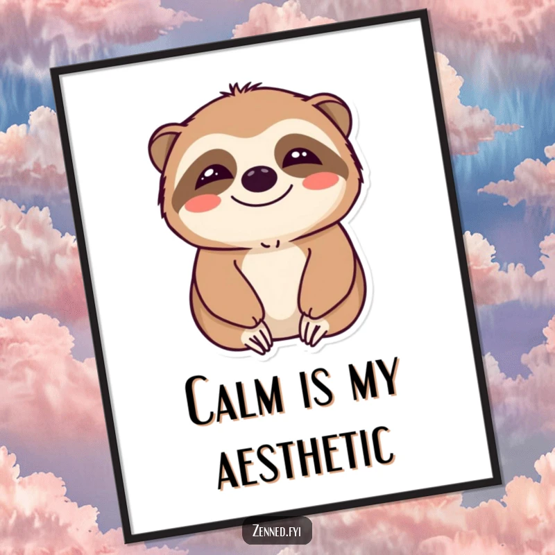 Funny poster featuring a smiling sloth in a state of profound calm, creating a serene and humorous focal point.