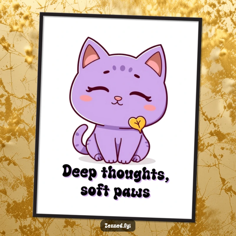 Funny cat poster featuring a thoughtful purple cat with a peaceful expression, peacefully observing a single gently falling leaf.