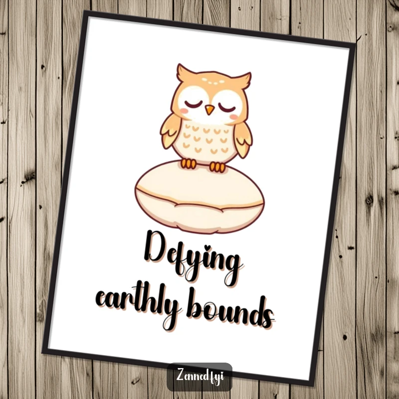 Funny, peaceful owl character gently floating above a cushion, presented as magical and humorous wall art.
