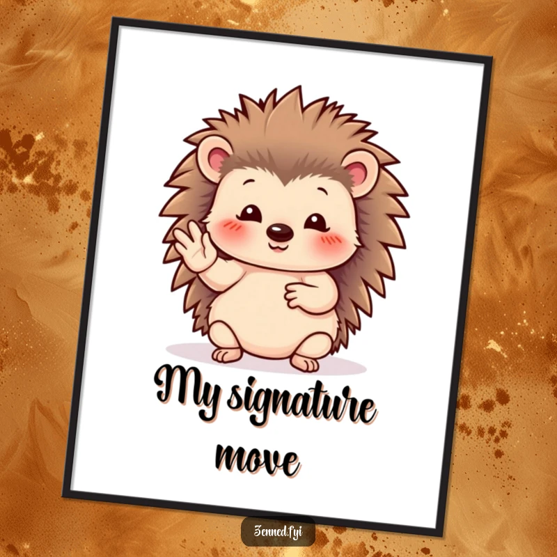 Funny hedgehog poster showcasing a serene creature in a graceful hand gesture, adding peaceful humor to wall decor.