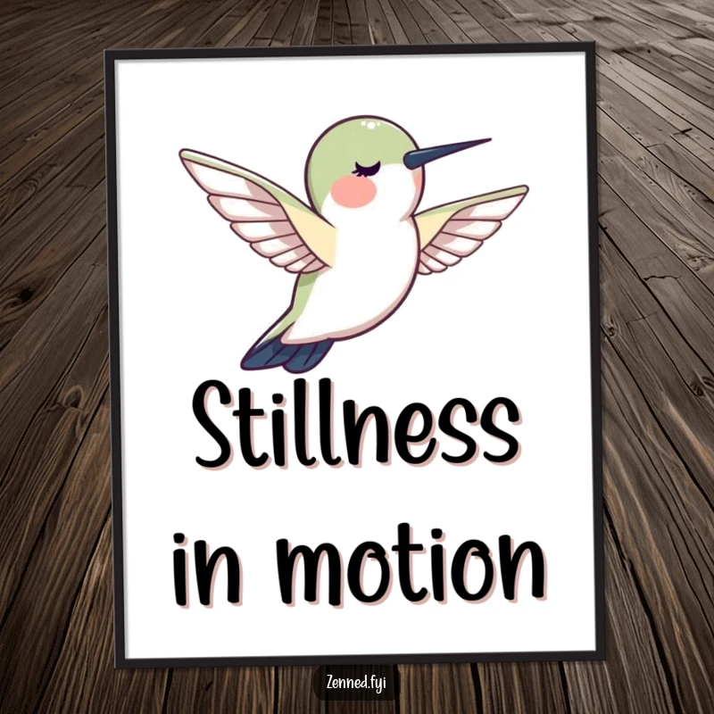Funny hummingbird calm poster, creature hovering motionlessly, radiating peace and stillness, humorous art print.