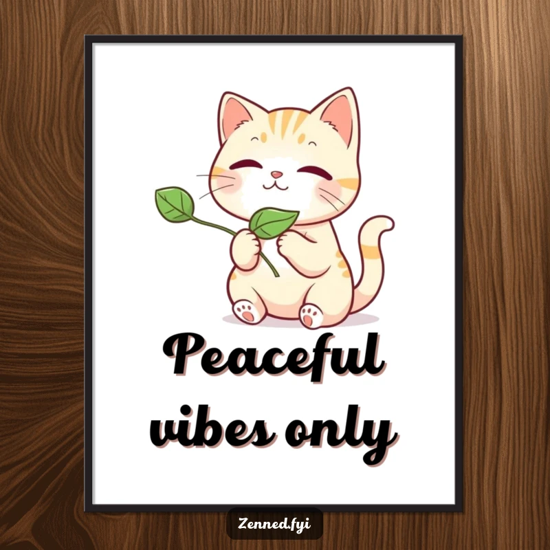 Funny kawaii cat poster art, depicting a serene cat gently releasing a floating leaf, bringing a cute and funny mood to any wall.