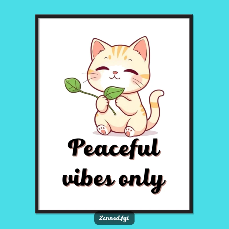 Funny Kawaii Cat Leaf Poster: Cute Wall Art for Peaceful Cat Lovers