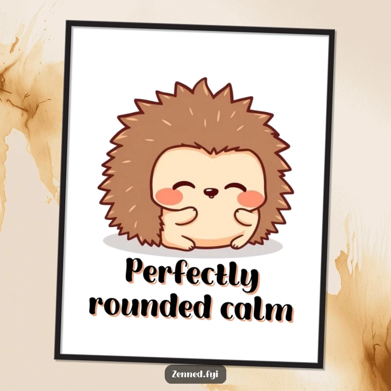 Funny poster depicting a kawaii hedgehog rolled into a peaceful, rounded shape, perfect for cozy decor with humorous appeal.