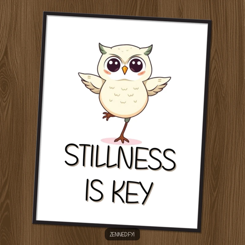 Funny kawaii owl poster art, depicting a cute owl balancing perfectly on one leg, adding a funny and wise mood to any wall.
