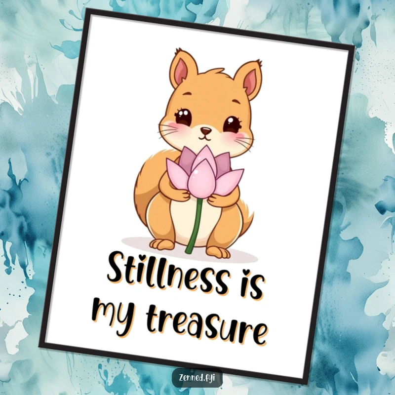 Funny poster depicting a kawaii squirrel holding a single, still lotus flower, perfect for serene decor with humorous appeal.