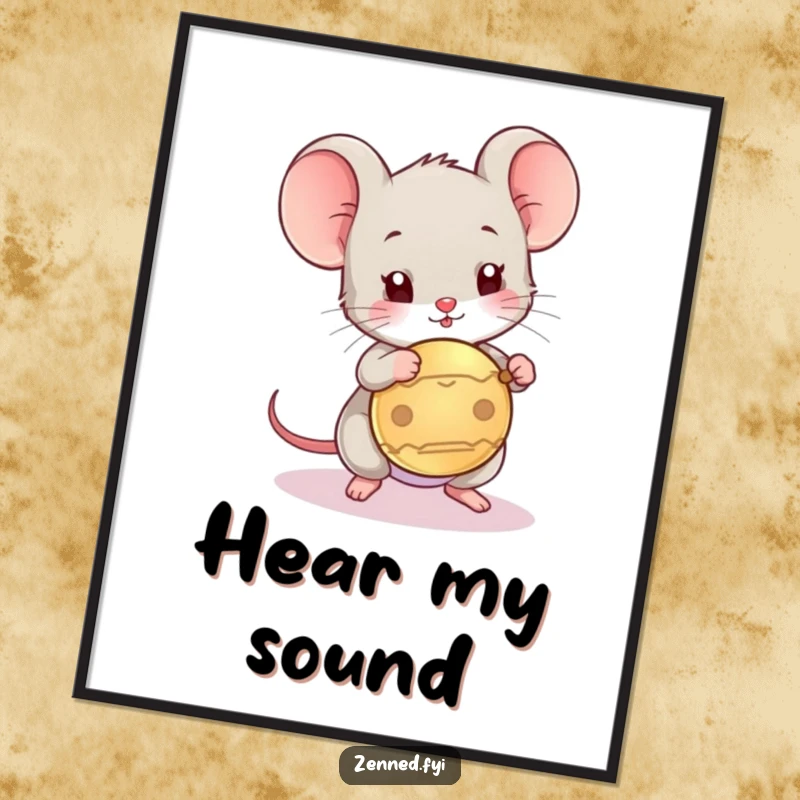 Funny poster depicting a playful mouse tapping a gong with a mallet, adding a touch of whimsical sound and humor.