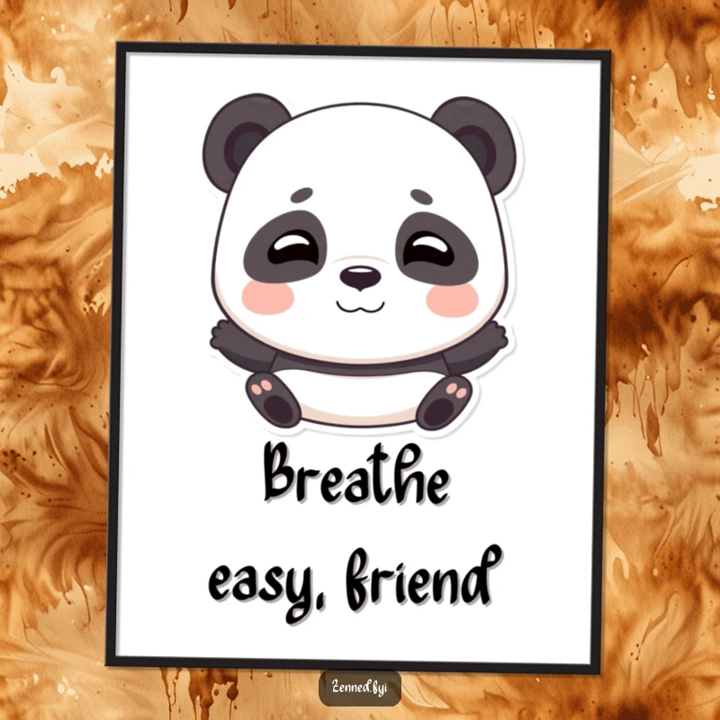 Funny poster art of a playful panda taking deep breaths with a gentle smile, radiating happiness.