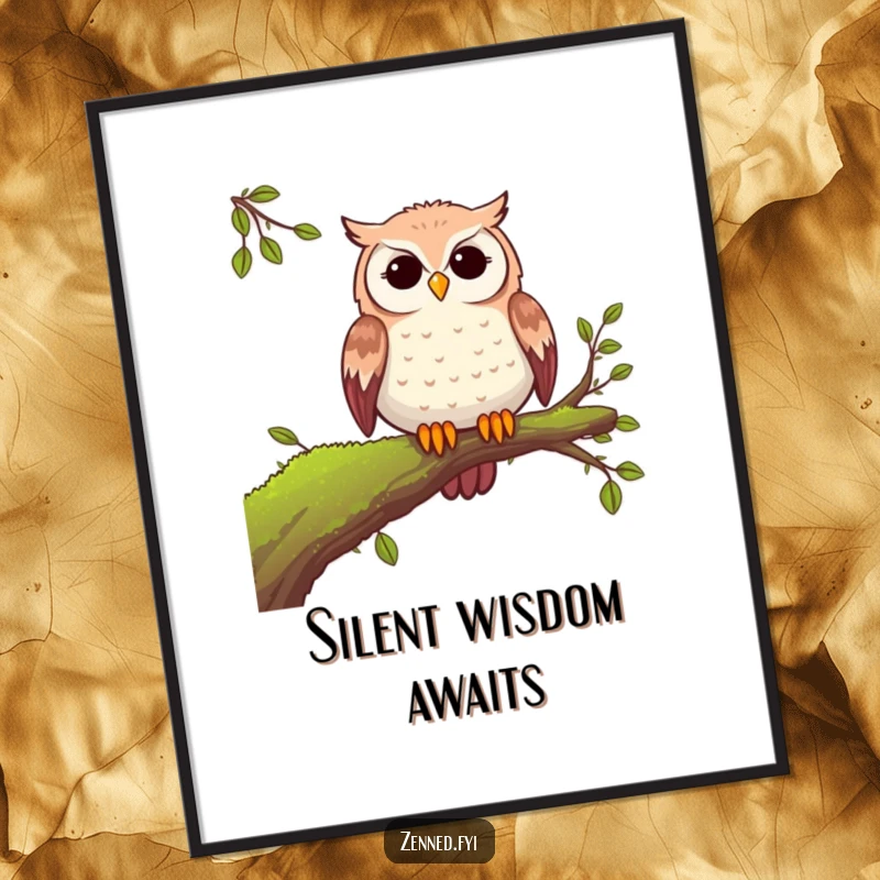 Funny peaceful owl poster showcasing a tranquil owl perched on a mossy branch, adding serene charm and humor to any wall.
