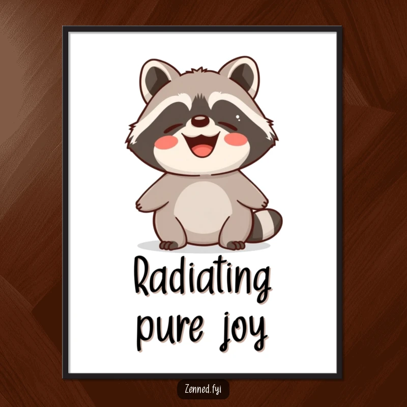 Funny Poster of a delighted raccoon radiating calm, contented energy with a peaceful and happy smile.