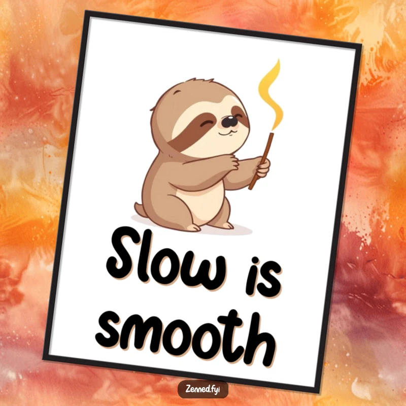 Funny sloth slowly reaching for a glowing incense stick, a humorous art poster promoting relaxation, perfect for a funny gift.