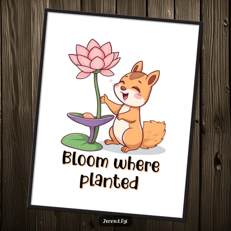 Funny giggling squirrel reaching for a lotus flower, depicted as humorous wall art, perfect funny gift.